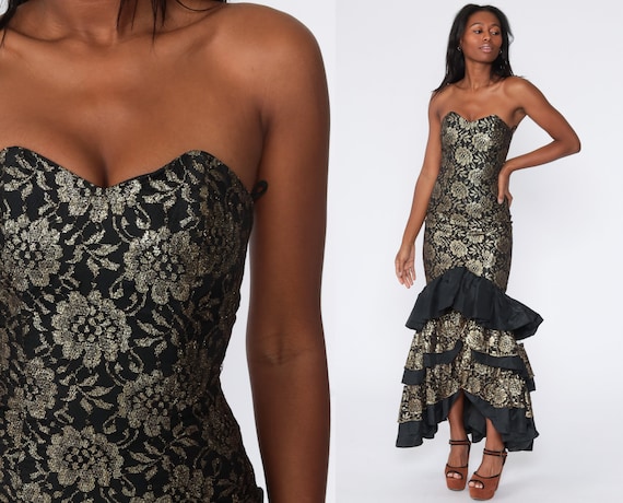 80s Party Dress Black Lace Prom Dress Metallic Floral Strapless Sweetheart Neckline Gold Mermaid Hem Formal Maxi Vintage Extra Small xs