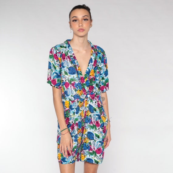 Floral Romper Dress 90s Blue Mini Playsuit V Neck Button up Short Sleeve Flower Print Summer Pink Yellow Green Rayon Vintage 1990s Medium M