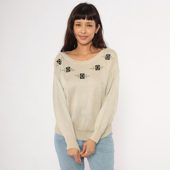 80s Embellished Knit Sweater Tan Beaded Geometric Applique Cotton Pullover Sand Cream Art Deco Studded Rhinestone Oatmeal Vintage Small S