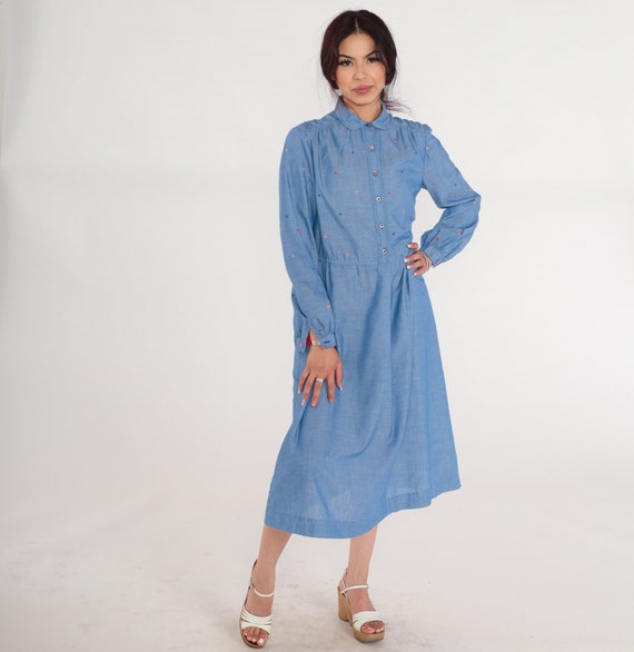 Blue Chambray Dress 70s Midi Dress Polka Dot Shirtwaist Peter Pan Collar Button Up High Waisted Retro Long Sleeve Vintage 1970s Medium Large