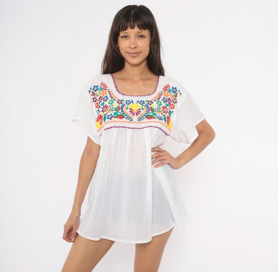 Mexican Embroidered Blouse 90s Floral Peasant White Cotton Babydoll Tunic Colorful Flower Stitch Short Sleeve Summer Festival Shirt Large L