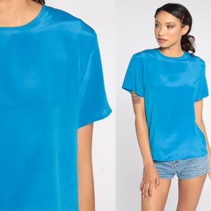 Blue Blouse Plain Silky Shirt Short Sleeve Top 80s Top 1980s Simple Basic Vintage Extra Small xs