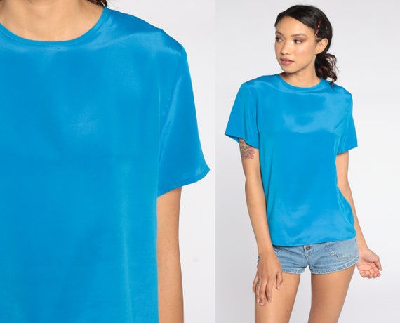 Blue Blouse Plain Silky Shirt Short Sleeve Top 80s Top 1980s Simple Basic Vintage Extra Small xs