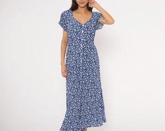 Vestido largo azul floral de los 90, manga con volantes, estampado floral blanco, estilo campestre, verano, día lluvioso, jardín de flores, fiesta de té, vintage, talla L para mujer