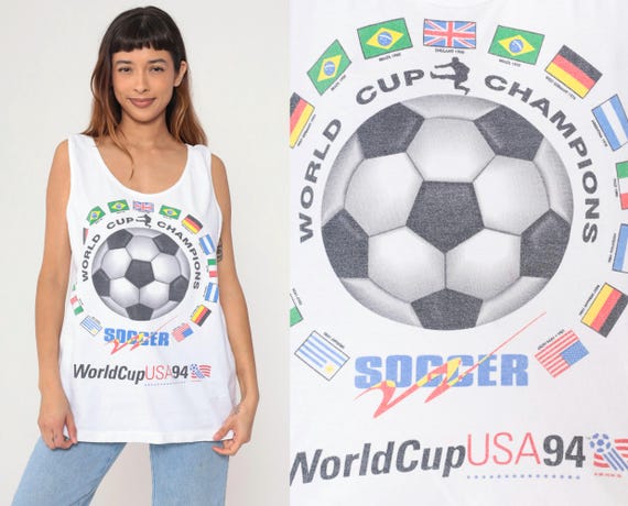 Vintage 1994 World Cup USA Tank Top 90s Soccer Graphic Sleeveless White '94 Shirt Scoop Neck 1990s Sports Memorabilia Large L