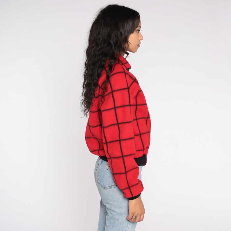 Polar Fleece Jacket 80s Red Plaid Sweatshirt Checkered Zip Up Fleece Bomber Jacket 1980s Cozy Black Vintage Retro Mens Small S image 5