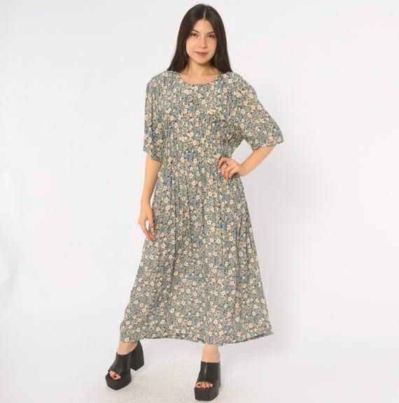 90s Grunge Floral Dress Blue Beige Ditsy Short Sleeve Pintuck Pleated Bodice Tie Back Prairie Cottagecore Positive Attitude Extra Large XL