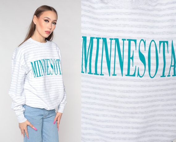 Minnesota Sweatshirt -- 90s Grey White Striped Slouchy Vintage Crewneck 1990s Sweatshirt Travel Graphic Tourist Shirt Large L