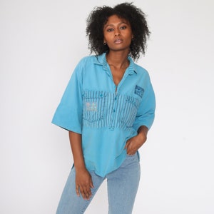 Blue Tropical Shirt 90s PALM TREE Shirt Hawaiian Distressed SURFER Button Up Shirt 1990s Summer Top Striped Beach Sea Medium Large image 3