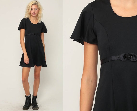 Black Party Dress 80s Babydoll Dress Grunge Mini Flutter Sleeve Shift Sheath Cocktail Vintage Gothic Minidress Goth Extra Small xs