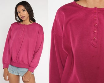 Fuchsia Pink Sweatshirt 90s Henley Sweatshirt Quarter Button Up Long Sleeve Shirt Plain Pullover Sweater Basic Top Vintage 1990s Large L