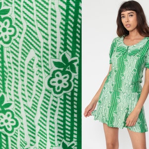 Two Piece Dress TOP and SKIRT Set 70s Mini Mod Outfit Floral Print 60s Green Puff Sleeve Dolly Peter Pan Collar Vintage Extra Small xs