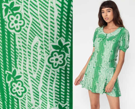 Two Piece Dress TOP and SKIRT Set 70s Mini Mod Outfit Floral Print 60s Green Puff Sleeve Dolly Peter Pan Collar Vintage Extra Small xs