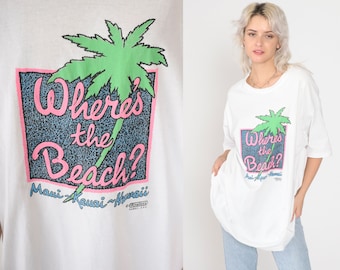 Where's The Beach Shirt 90s Hawii T-Shirt Maui Kuaui TShirt Palm Tree Graphic Tee Surfer Single Stitch White Vintage 1990s Extra Large xl