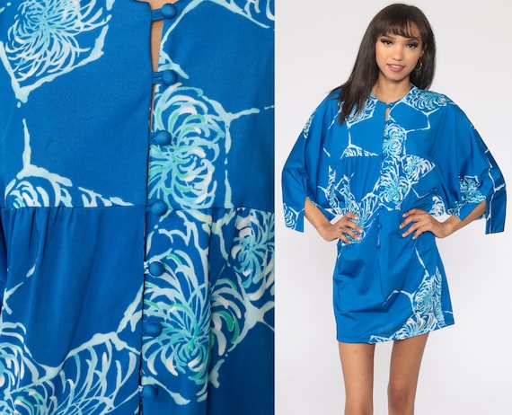 70s Floral Dress Blue Floral Shift Dolman Sleeve Mini Boho Summer Vintage 1970s Button Up Wide Sleeve Bohemian Liberty House Hawaii Medium
