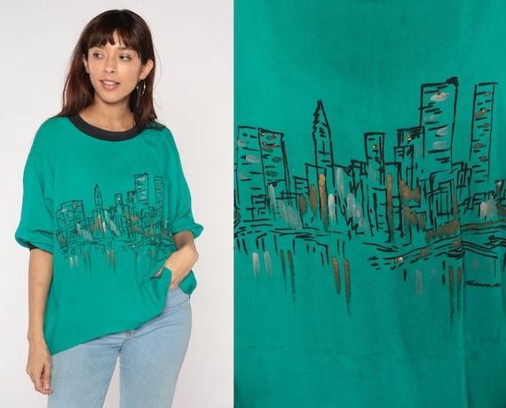 City Skyline Shirt 80s Rhinestone Blouse Semi-Sheer Green Top Black Ringer Trim Novelty Graphic Print Retro Sparkly Vintage 1980s Medium M