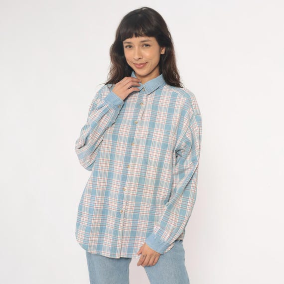 90s Plaid Shirt Denim Collar Chambray Cuffs Blue White Pink Cream Cotton Button Down Long Sleeve Grunge Cottagecore Grandpa Vintage Large L