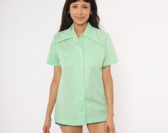 Mintgrün 70er Jahre Western Yoke Shirt Knopfleiste Kurzarm Bluse Salbei Camp Top Cuffärmel Kragen Vintage Damen Große L