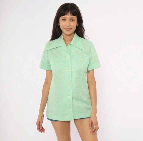 Mint Green 70s Western Yoke Shirt Button Front Short Sleeve Blouse Sage Camp Top Cuffed Sleeve Collared Vintage Women Large L