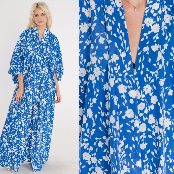 Blue Floral Kimono 80s Long Robe Open Front Maxi Jacket Japanese Full Length House Coat Flower Print Cotton Vintage 1980s Extra Large xl