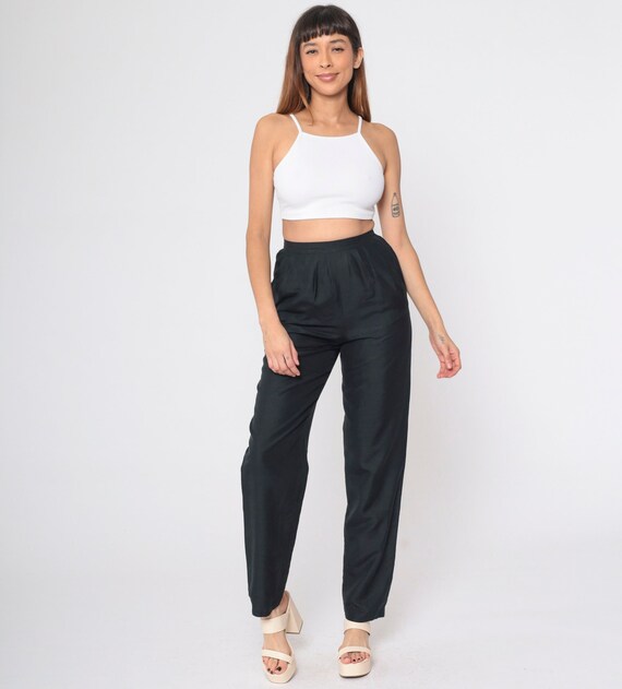 Black Silk Trousers 80s Pleated Pants High Waisted Straight Tapered Leg Slacks Basic Plain Minimal Preppy Vintage 1980s Levante Small 26