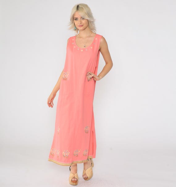 Pink Floral Dress Embroidered Jumper Dress 90s Maxi Boho Sundress Shift Button Side Cotton Sun Vintage Sleeveless Retro Large L
