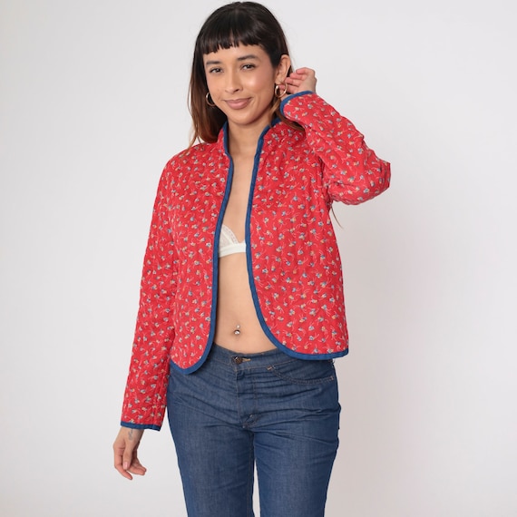 Floral Quilted Jacket 70s Puff Sleeve Jacket Red Calico Print Boho Jacket Mandarin Collar Open Front Bohemian 1970s Hippie Vintage Medium