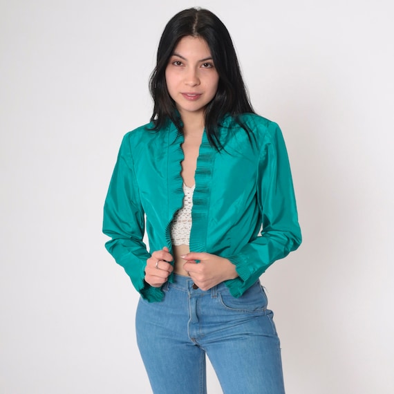 Teal Green Cropped Jacket 70s Open Front Blazer Jacket Knife Pleat Ruffled Shiny Evening Cocktail Formal Party Crop Coat Vintage 1970s Small