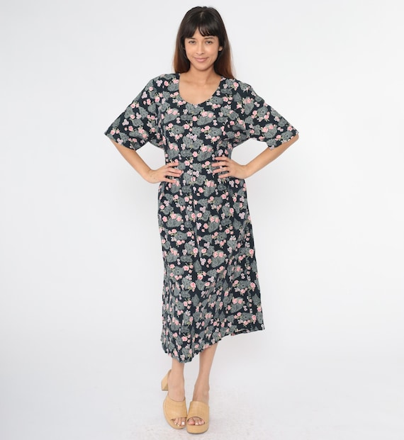 90s Floral Dress Black Ankle Length Lace Print Short Sleeve Scoop Neck Summer Flower Print Casual Cotton Rayon Day Vintage 1990s 18 W