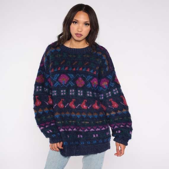 Fair Isle Wool Sweater 90s Vintage Ganesh Himal Hand Knit Navy Blue Multicolor Geometric Pattern Pullover Winter Layering Ski Extra Large XL