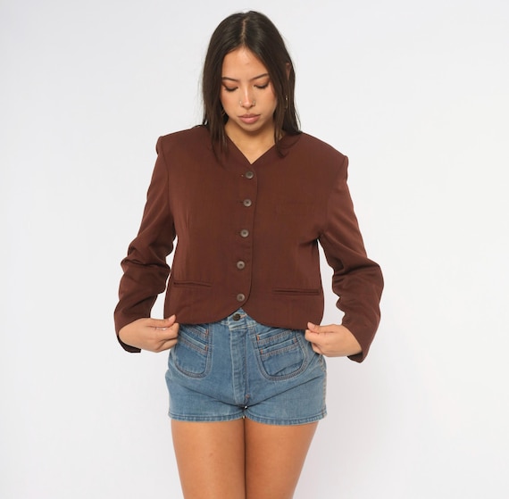 80s Burgundy Cropped Blazer In-Wear Brown Button Front V Neck Jacket Fitted Waist Dark Academia Corporate Office Minimalist Coat Small S