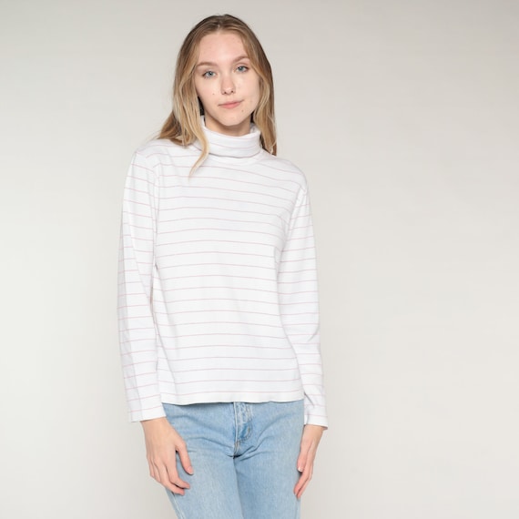 Vintage Striped Turtleneck Shirt 90s White Metallic Pink Long Sleeve T-Shirt Retro Funnel Neck Basic Sparkly Turtle Neck Top 1990s Medium M
