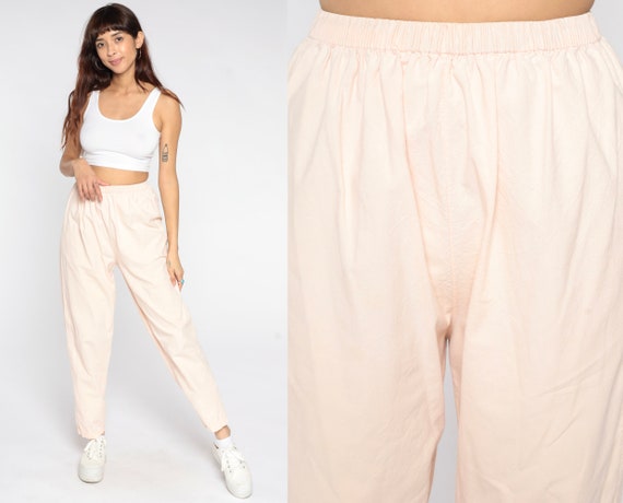 Baby Pink Pants 80s Casual Pull On Trousers Tapered Leg Elastic Waist Lounge Pants Cotton Vintage 1980s Hipster Simple Pants Normcore Medium