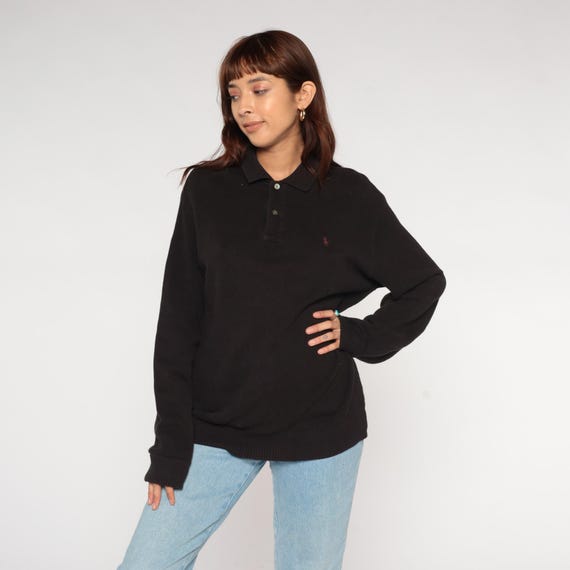 Ralph Lauren Sweater 90s Black Polo Thermal Cotton Knit Long Sleeve Classic Preppy Dark Academia Old Money Vintage Fall Winter Medium M 10