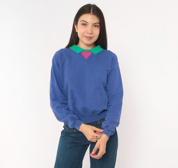 90s Collared Sweatshirt Color Block Blue Green Pink Cotton Polo Pullover Periwinkle Teal Magenta Lizwear Collegiate Preppy Vintage Small S