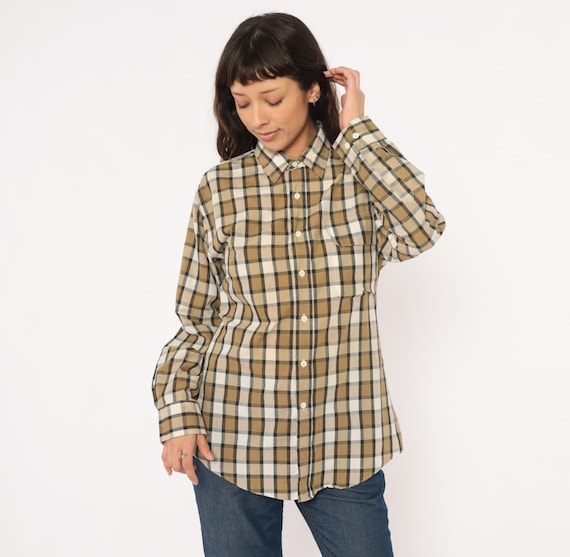 90s Plaid Shirt Button Front Shirt Beige Check Collar Pocket Sand Flannel Blouse Relaxed Fit Grunge Top Khaki Camel Cotton Vintage Medium M