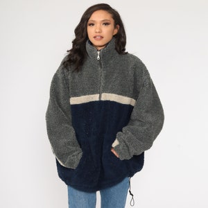 Fleece Pullover Sweatshirt Jacket 90s Grey Navy Blue Color Block Jacket Half Zip Jacket Vintage Retro Vintage Men&#39;s Large