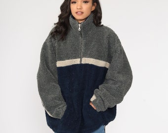 Fleece Pullover Sweatshirt Jacket 90s Grey Navy Blue Color Block Jacket Half Zip Jacket Vintage Retro Vintage Men's Large