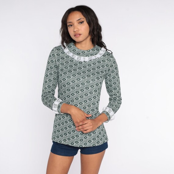 Green Floral Blouse 70s Boho Top Lace Trim Bohemian Long Sleeve 1970s Vintage Hippie Mod Small