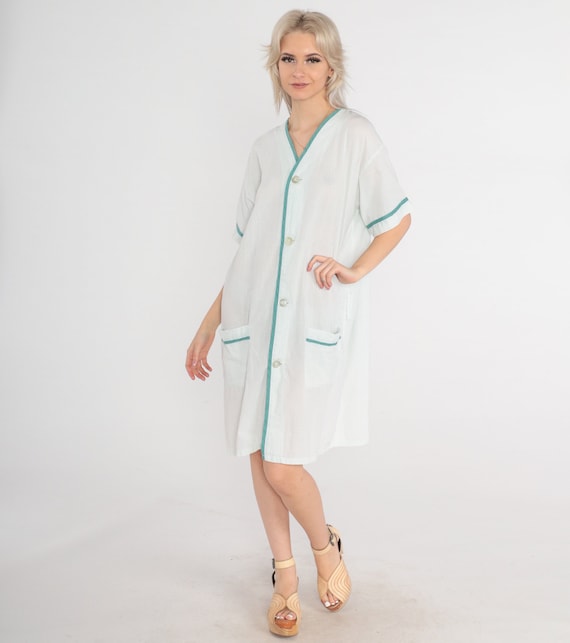 70s Pajama Dress Mini Sheer White Green Striped L… - image 2