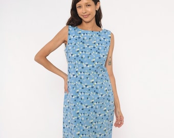 Vestido recto floral de los 90, azul cielo, blanco, estampado de rosas, sin mangas, de algodón, corte recto, lunares, para fiestas en el jardín, verano, primavera, estilo vintage, talla M