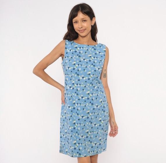 90s Floral Shift Dress Sky Blue White Rose Print Sleeveless Cotton Sheath Polka Dot Garden Party Summer Sundress Spring Vintage Medium M