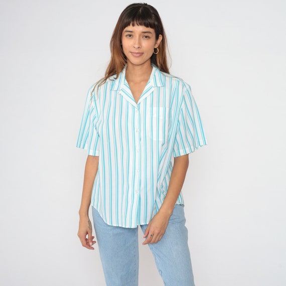 Blue Striped Blouse 90s Button up Shirt White Vertical Stripes Collared Top Retro Preppy Short Sleeve Casual Summer Vintage 1990s Large L