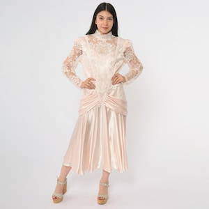 Victorian Lace Dress Blush 80s Long Sleeves High Neck Midi Vintage Romantic Sheer Overlay Party Formal Elegant Evening Large L 12