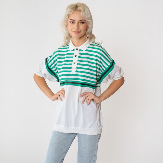 90s Striped Shirt White Green Collared Shirt Retro Slouchy Polo Short Sleeve Banded Hem Top Casual Blouse Preppy 1990s Vintage Medium