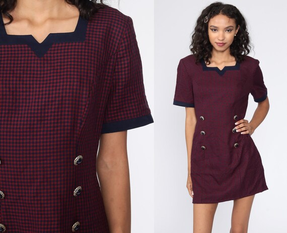Red Gingham Dress Plaid Dress 80s Mini Office Dress 1980s Checkered Dress Nerd Secretary Vintage Retro Preppy Shift Medium 8 Petite