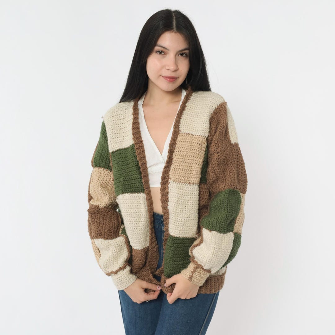Vintage Patchwork Cardigan Sweater 90s Bohemian Neutral Open