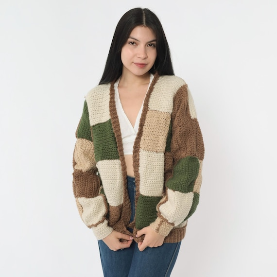 Vintage Patchwork Cardigan Sweater 90s Bohemian Neutral Open Front Wrap Sweater Beige Olive Green Brown Boho Retro 1990s Medium M