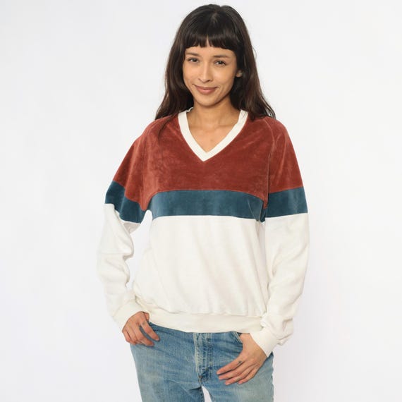 80s Velour Sweatshirt Color Block Brown Teal Cream Off White Striped Raglan Long Sleeve Vintage Athleisure Sporty Activewear Top Medium M