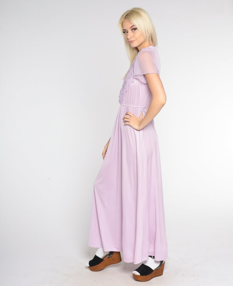Lavender Party Dress 70s Maxi Dress Asymmetrical Chiffon Ruffle Sheer Puff Sleeve High Waisted Formal Pastel Purple Gown Vintage 1970s Small image 5